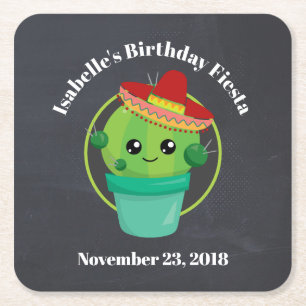 Dessous-de-verre Carré En Papier Cute Cactus dans un Sombrero sur tableau noir