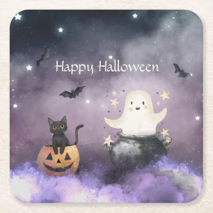 Dessous-de-verre Carré En Papier Cute chat et Fantôme Halloween
