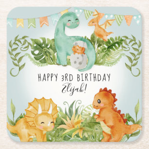 Dessous-de-verre Carré En Papier Cute Dinosaur Jungle Foliage 3e fête d'anniversair