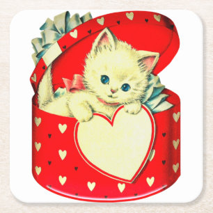 Dessous-de-verre Carré En Papier Cute Kitten Coeur Vintage Chat Retro Kitty