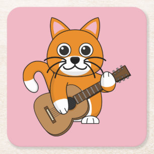 Dessous-de-verre Carré En Papier Cute Orange Chat Blanc Jouer Caricature Guitare