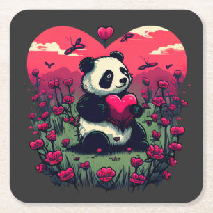 Dessous-de-verre Carré En Papier Cute Panda Holding Heart - cadeau de la Saint-Vale