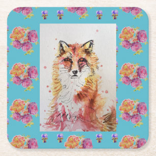 Dessous-de-verre Carré En Papier Cute Red Fox Animal Turquoise Rose Roses