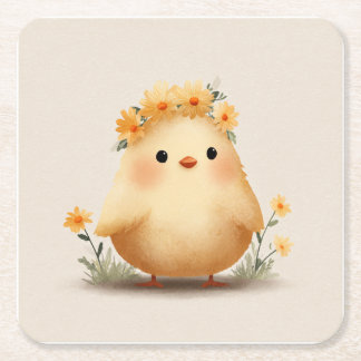 Dessous-de-verre Carré En Papier Cute Spring Chick Coaster | Floral Baby Chick Art
