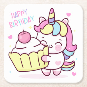 Dessous-de-verre Carré En Papier Cute Unicorn Joyeux gâteau d'anniversaire