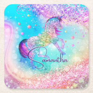 Dessous-de-verre Carré En Papier Cute unicorn rose Parties scintillant arc-en-ciel 