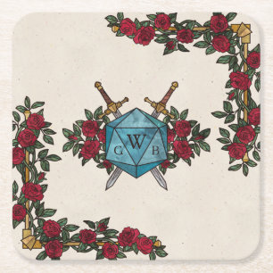 Dessous-de-verre Carré En Papier D20 Roses Monogramme RPG Mariage