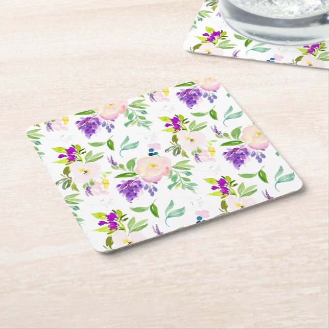 Dessous-de-verre Carré En Papier Dainty Aquarelle Fleurs | Peonies et Wisterias (Incliné)
