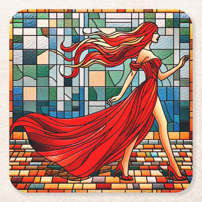 Dessous-de-verre Carré En Papier Dame en rouge (Devant)