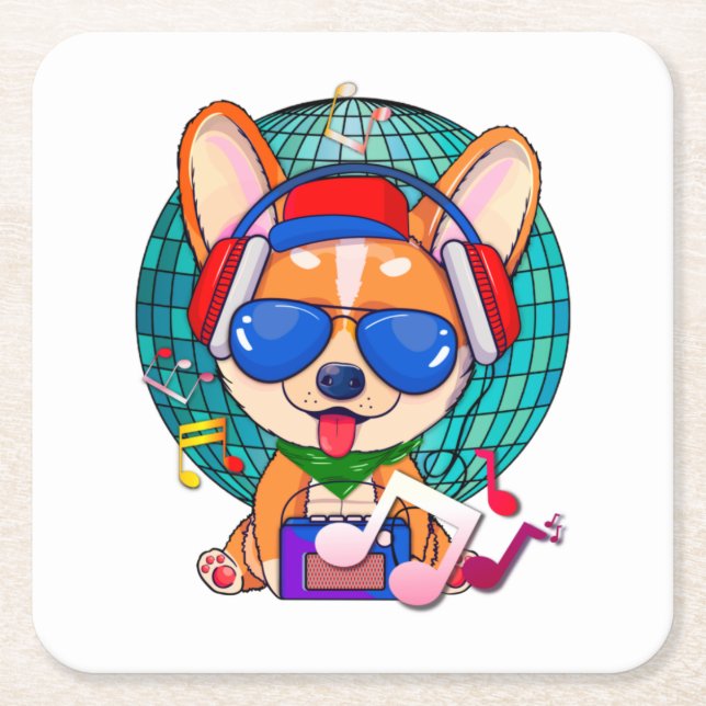 Dessous-de-verre Carré En Papier Dancing Corgi Kawaii Cute, Music Pup (Devant)