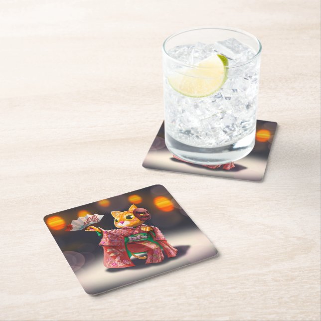 Dessous-de-verre Carré En Papier Danseur de chat japonais en costume traditionnel (En situation)