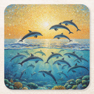 Dessous-de-verre Carré En Papier Dauphins au coucher du soleil