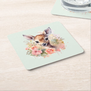 Dessous-de-verre Carré En Papier De Beaux Cerfs Entourés De Roses
