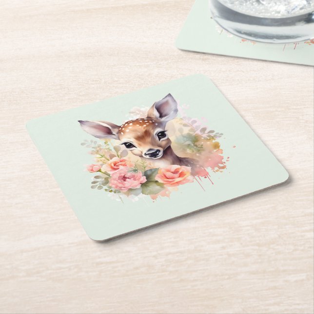Dessous-de-verre Carré En Papier De Beaux Cerfs Entourés De Roses (Incliné)