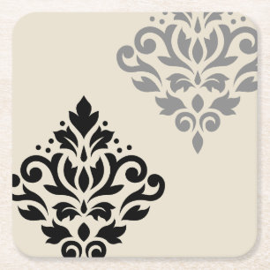 Dessous-de-verre Carré En Papier Défiler Damask Art I Black Grey Crème