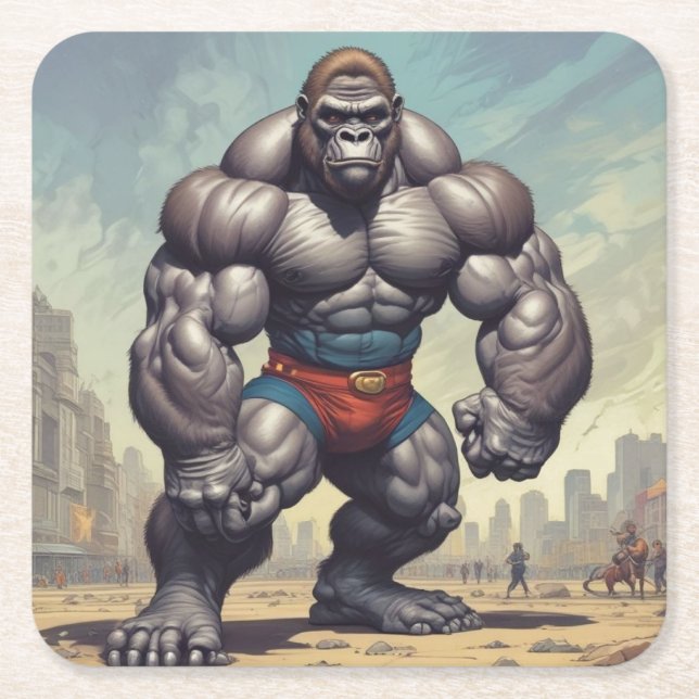 Dessous-de-verre Carré En Papier Dessin d'art pop de Gorilla Bodybuilder (Devant)