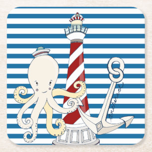 Dessous-de-verre Carré En Papier Dessous de verre bleus et blancs nautiques de