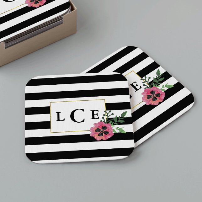 Dessous-de-verre Carré En Papier Dessous de verre de monogramme floral noir et rose (Créateur téléchargé)