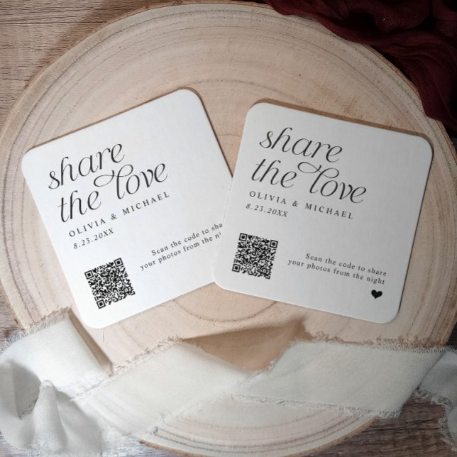 Dessous-de-verre Carré En Papier Dessous de verre Mariages de code QR Partagez l'am (Personalized wedding coasters with QR codes for guests to upload photos.)