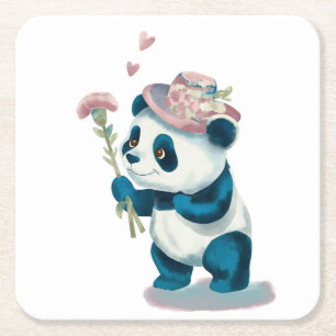 Dessous-de-verre Carré En Papier Dessous de verre Panda aux fleurs