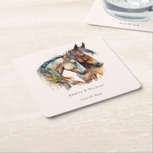 Dessous-de-verre Carré En Papier Deux beaux chevaux Mariage occidental boho