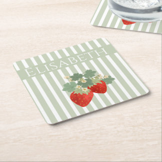 Dessous-de-verre Carré En Papier Deux fraises rouges rayures et fleurs | Fruit