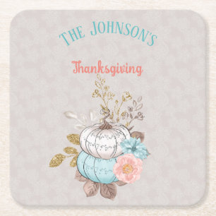 Dessous-de-verre Carré En Papier Dinde Citrouilles Taupe Aqua Corail de Thanksgivin