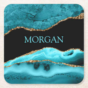 Dessous-de-verre Carré En Papier DIY Name, Black, Gold & Teal Agate