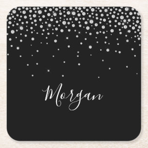 Dessous-de-verre Carré En Papier DIY White Script & White Diamonds, Black