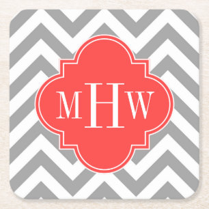 Dessous-de-verre Carré En Papier Dk Gray Lg Chevron Coral Red Quatrefoil 3 monogram