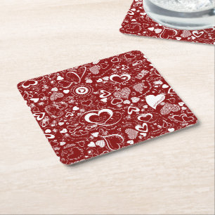 Dessous-de-verre Carré En Papier Doodles d'amour du coeur Dessous de verre Red-Whit