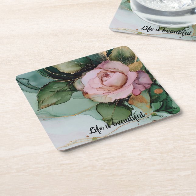 Dessous-de-verre Carré En Papier Douche romantique dorée rose rose rose florale (Incliné)