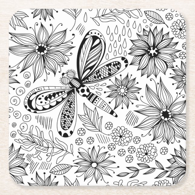 Dessous-de-verre Carré En Papier Dragonfly et doodle de fleurs (Devant)