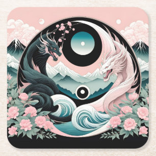 Dessous-de-verre Carré En Papier Dragons Floral Montagne Rose Sauge Teal