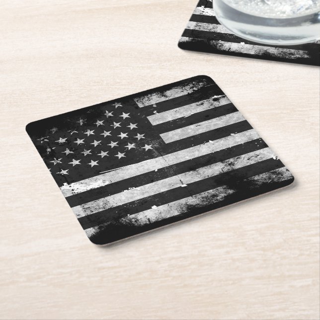Dessous-de-verre Carré En Papier Drapeau américain grunge noir et blanc (Incliné)