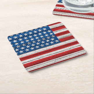Dessous-de-verre Carré En Papier Drapeau Américain sur Motif Patiné en bois