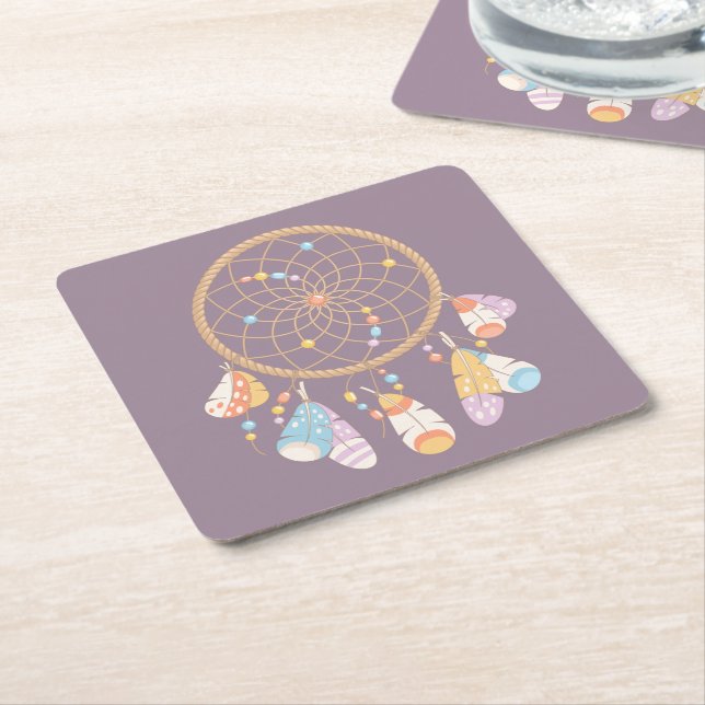 Dessous-de-verre Carré En Papier Dreamcatcher de Boho Tribal sur Purple (Incliné)
