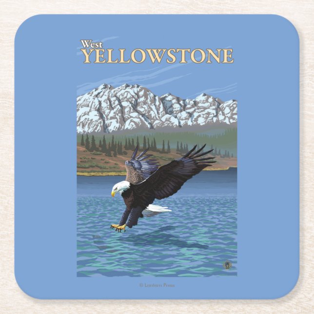 Dessous-de-verre Carré En Papier Eagle chauve plongeant - Yellowstone occidental, (Devant)