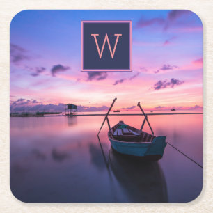 Dessous-de-verre Carré En Papier Eaux de coucher de soleil monogrammes avec bateau