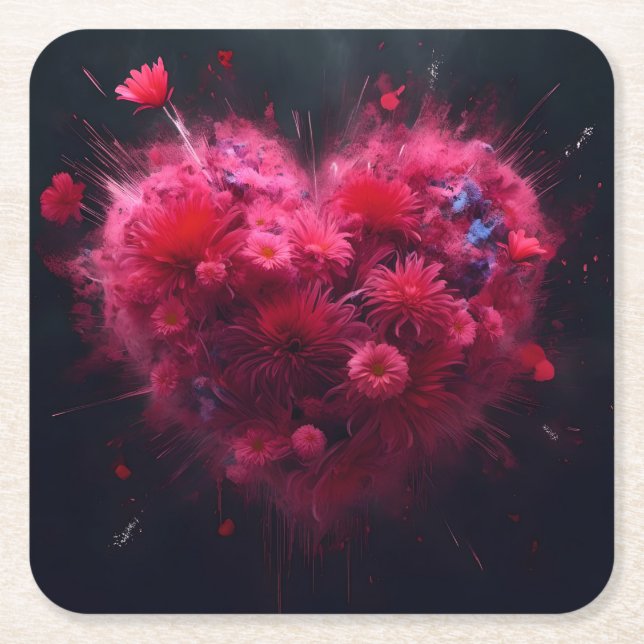 Dessous-de-verre Carré En Papier Éclatement du coeur rose (Devant)