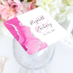 Dessous-de-verre Carré En Papier Écriture de géode d'agate rose argent mariage