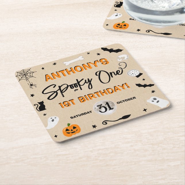 Dessous-de-verre Carré En Papier ÉFFRAYANT ! Fête du 1er anniversaire d'Halloween (Incliné)
