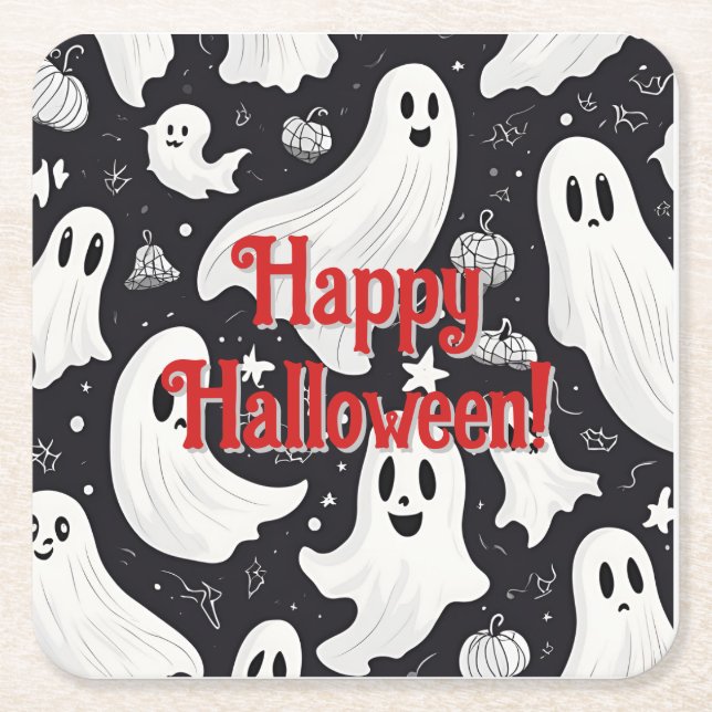 Dessous-de-verre Carré En Papier Éffrayant Ghost Halloween noir blanc (Devant)
