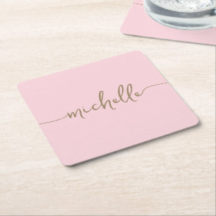 Dessous-de-verre Carré En Papier Élégance Rose Pâle Or Monogramme Signature Script