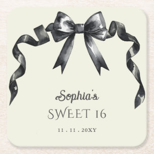 Dessous-de-verre Carré En Papier Elégant Aquarelle Coquette Black Bow Sweet 16