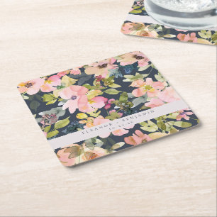 Dessous-de-verre Carré En Papier Elégant Aquarelle de marine rose Floral Custom Wed