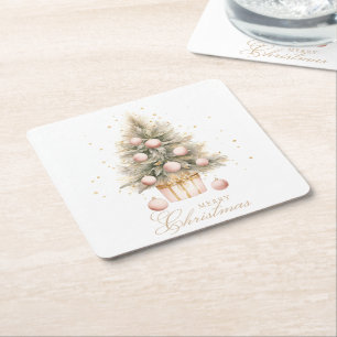 Dessous-de-verre Carré En Papier Elégant Aquarelle rose doux Joyeux Arbre de Noël