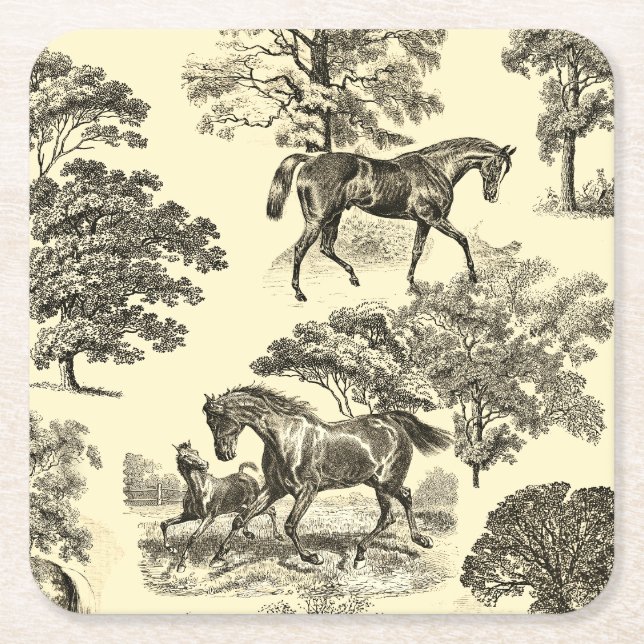 Dessous-de-verre Carré En Papier Elégant Beige Rustique Horses Toile (Devant)