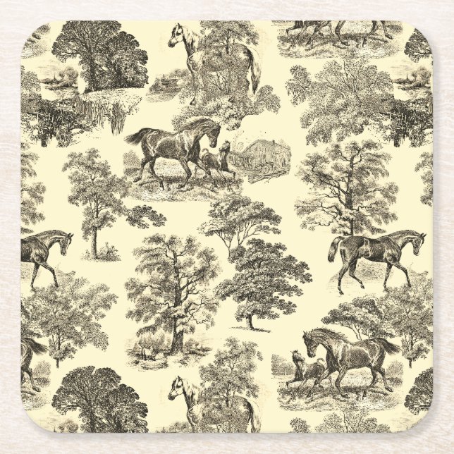 Dessous-de-verre Carré En Papier Elégant Beige Rustique Horses Toile (Devant)