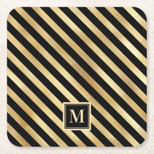 Dessous-de-verre Carré En Papier Élégant Black Gold Stripes Monogramme